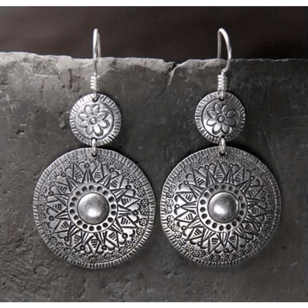 Boho Tribal Flower Round Dangle Earrings